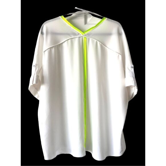 T Tahari Women's Micah Short Sleeve Neon‎ Trim High Low Hem Top White Size Large - Picture 4 of 7